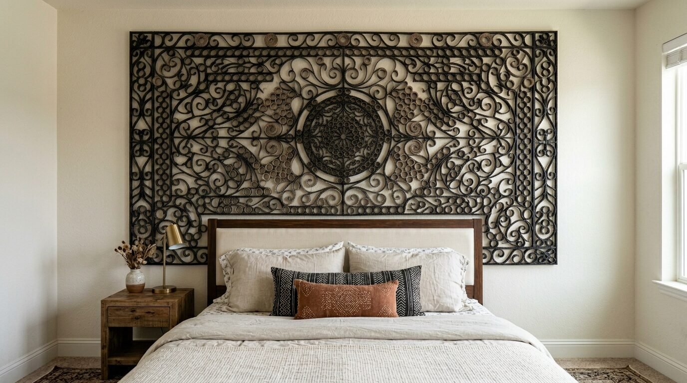 Intricate metal wall sculpture with ornate flourishes mounted over a modern upholstered headboard.