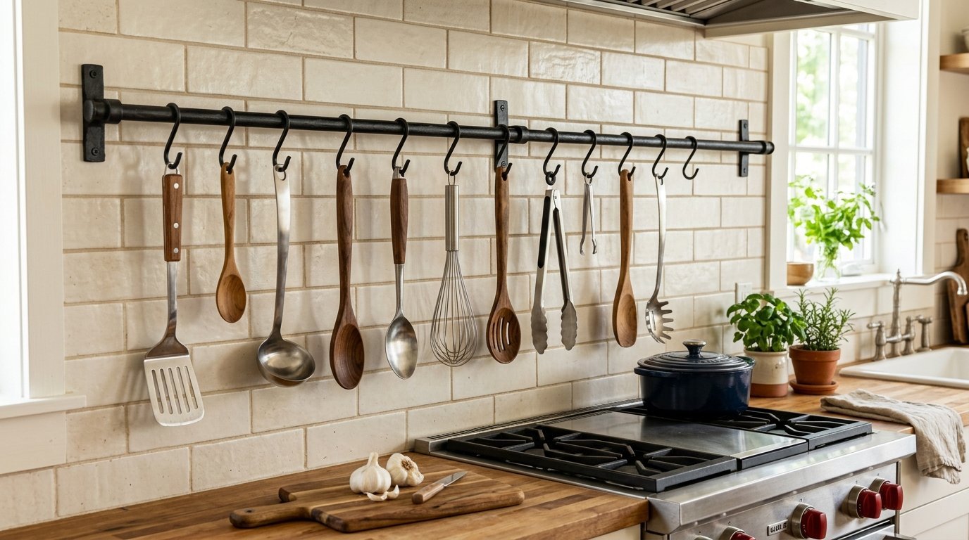 A wall-mounted black iron bar with S-hooks displaying various spoons, whisks, and tongs above a gas range.