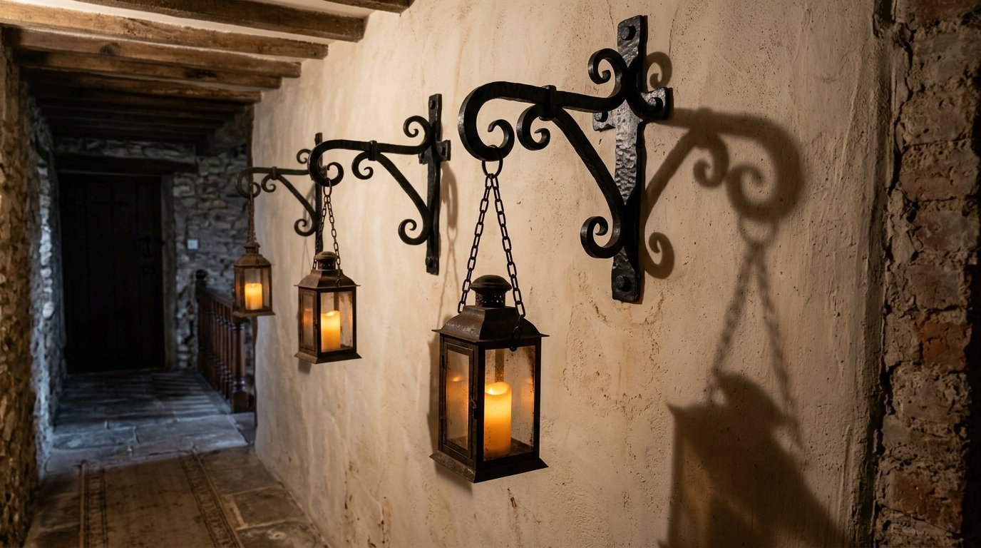 Ornate black iron sconces holding glowing candle lanterns along a dim, rustic hallway.