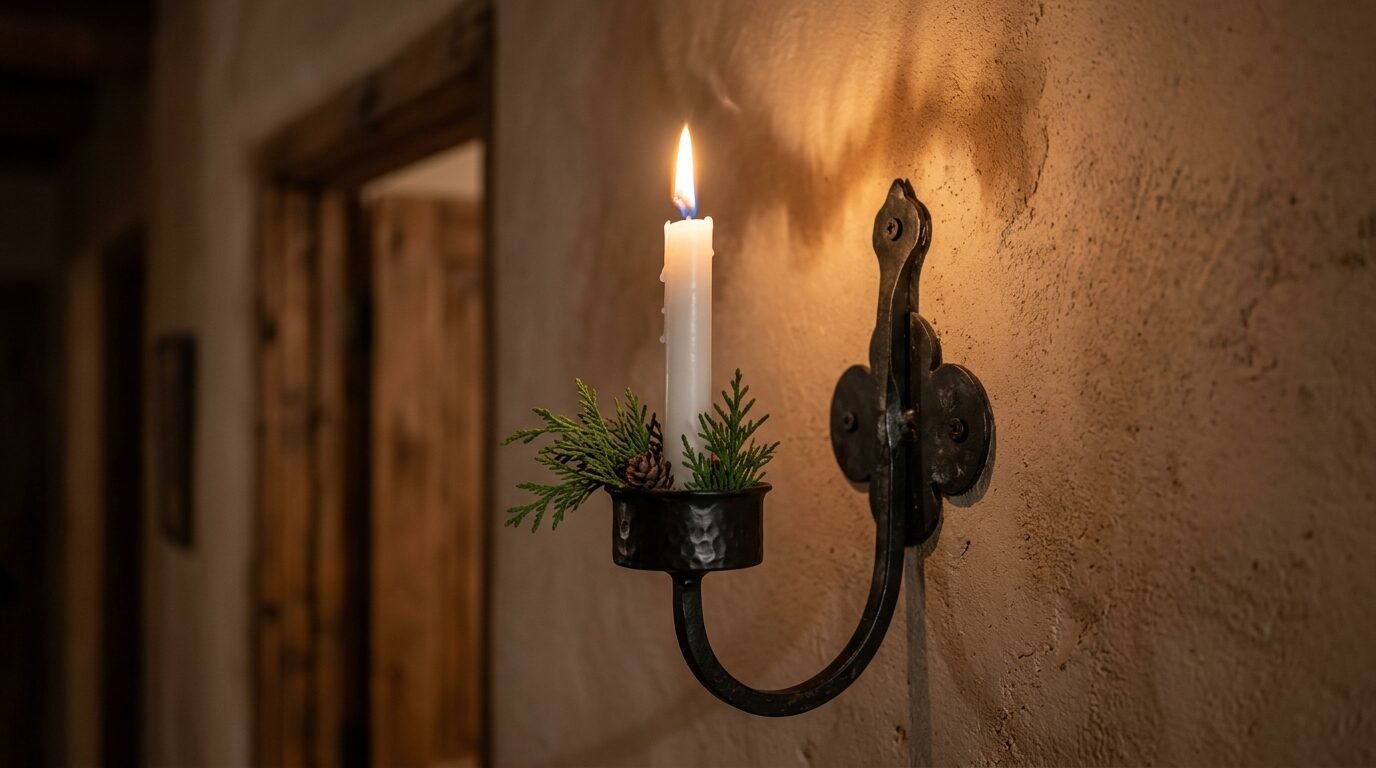 A lit white candle in a hammered iron holder decorated with greenery on a textured wall.