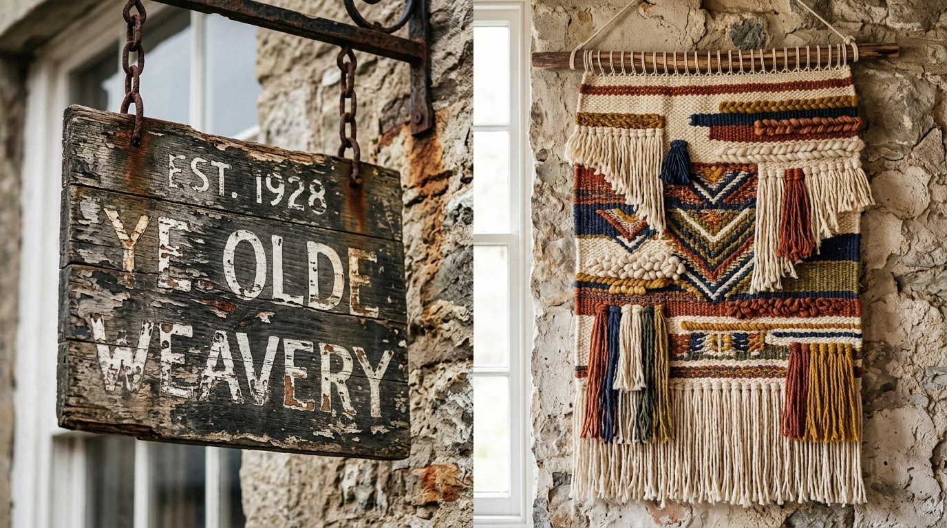 A rustic wooden sign reading Ye Olde Weavery hangs beside a colorful fiber art tapestry on a stone wall.