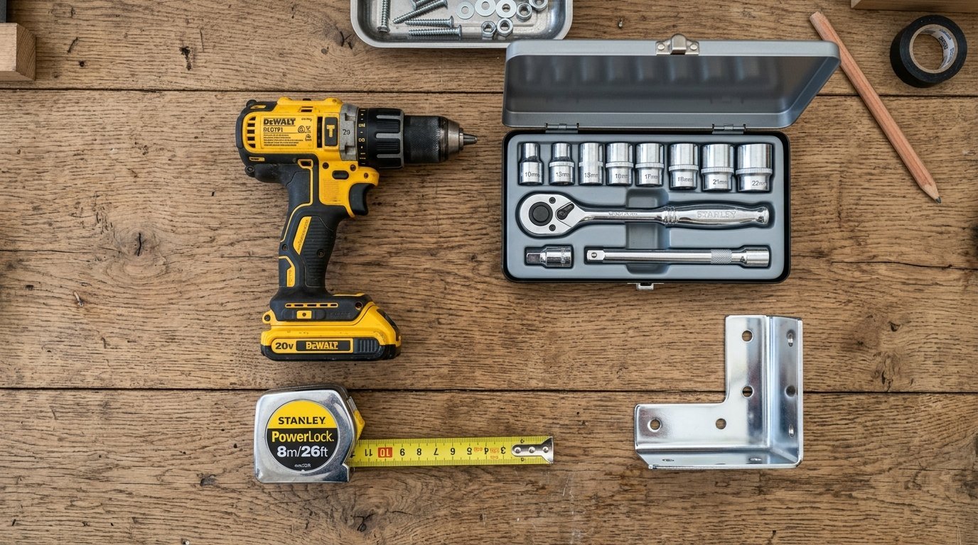 DeWalt cordless drill, Stanley socket set, tape measure, and a metal bracket resting on a rustic workbench surface.