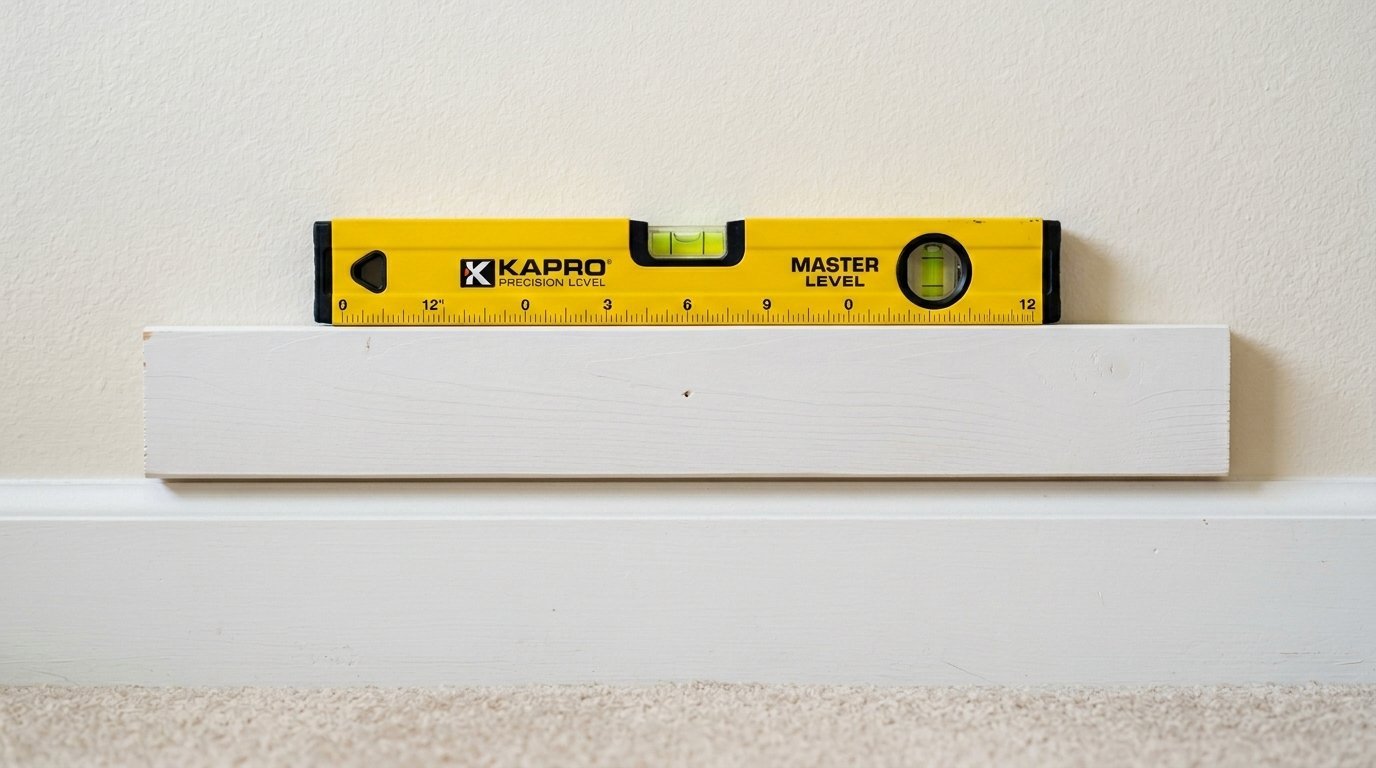 A yellow carpenter spirit level tool balanced on a wooden plank against a white wall.