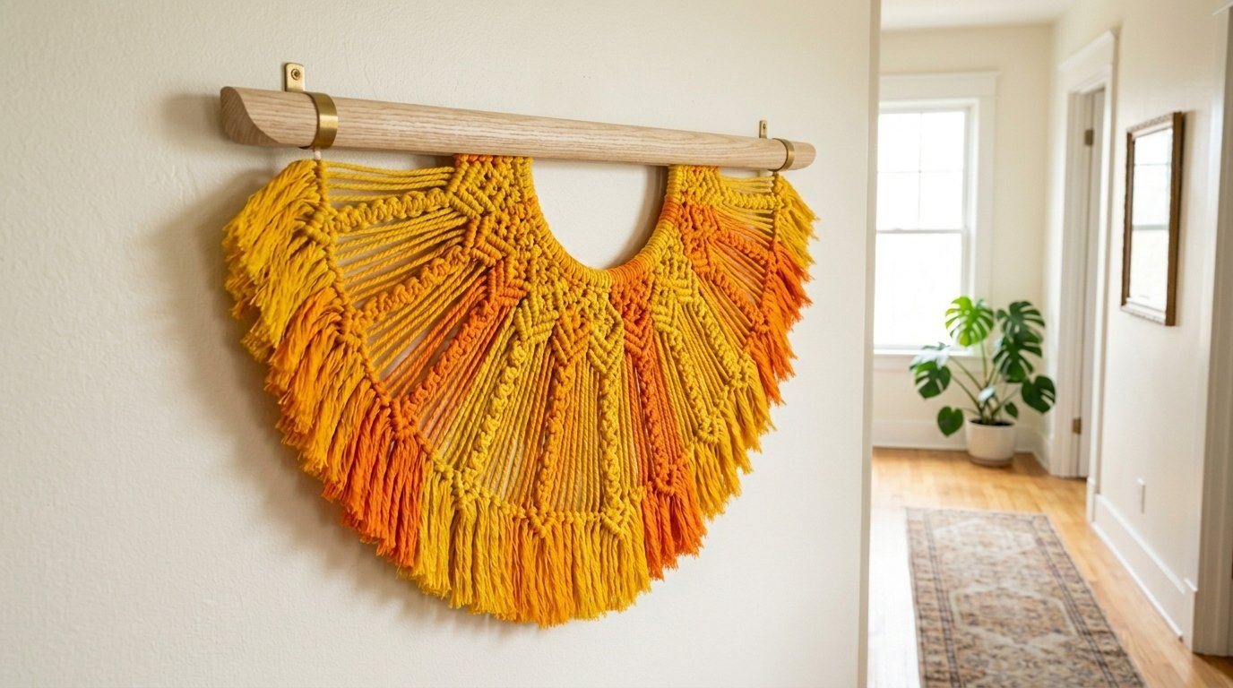 A semicircular yellow and orange macrame tapestry mounted on a light wood rod against a white hallway wall.