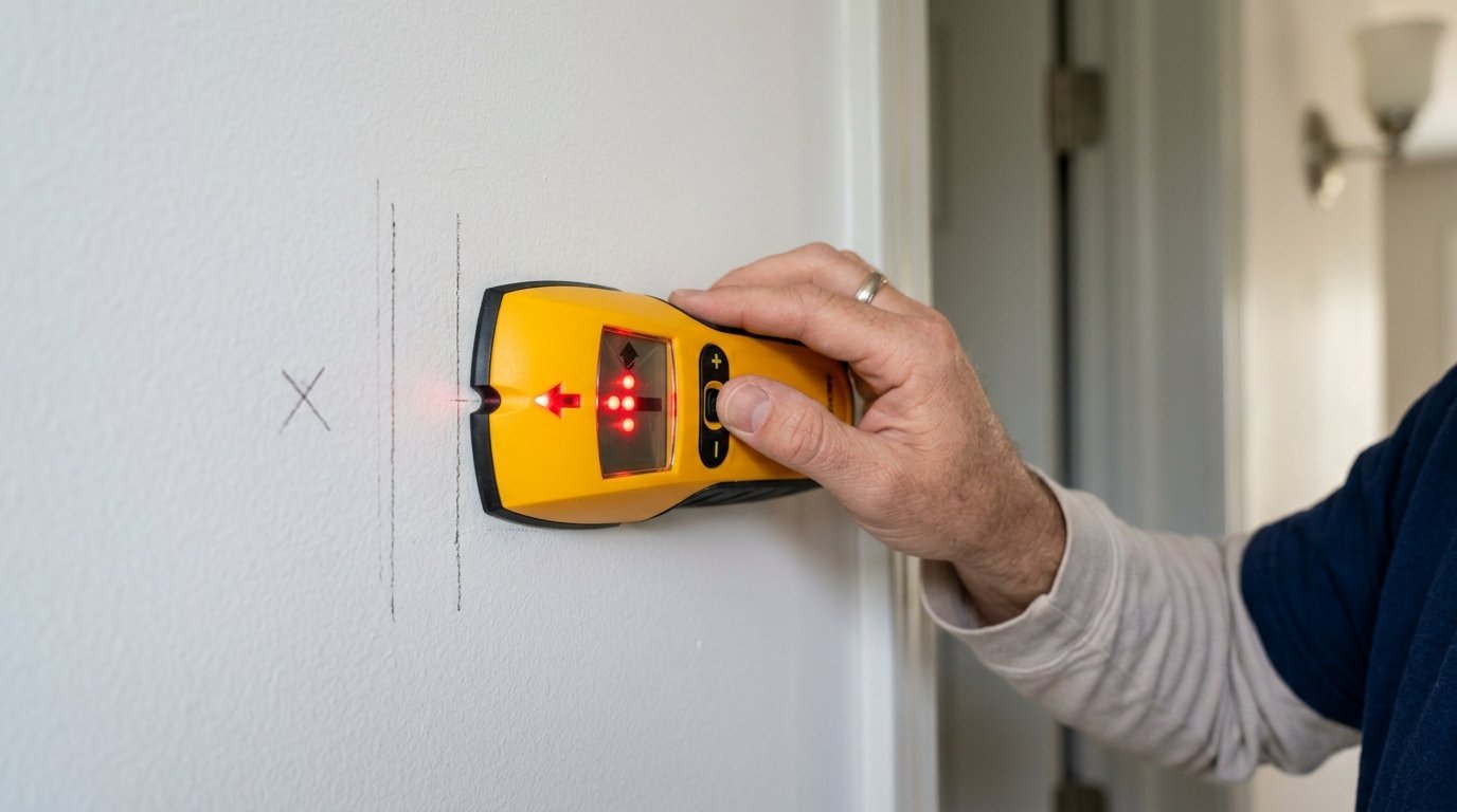 Close-up of a person using a yellow electronic stud finder to locate support beams behind drywall.