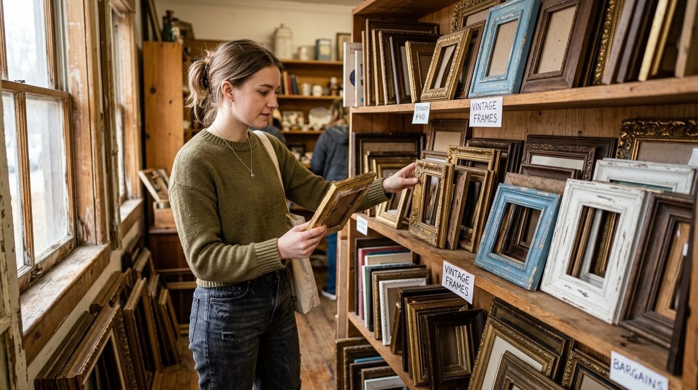 Customer holding a small wooden frame while shopping for vintage wall decor in a crowded thrift store.