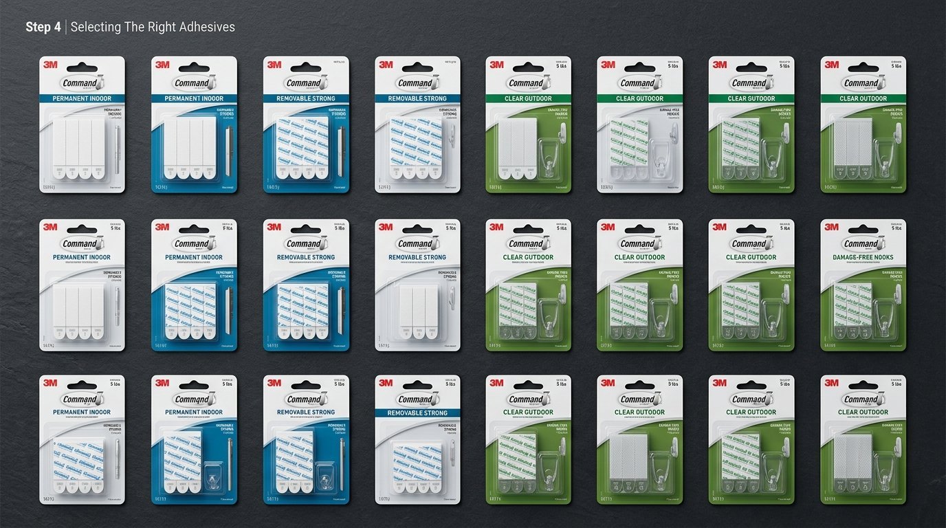 An assortment of 3M Command branded wall adhesive strips and plastic hooks arranged in a grid on a dark surface.