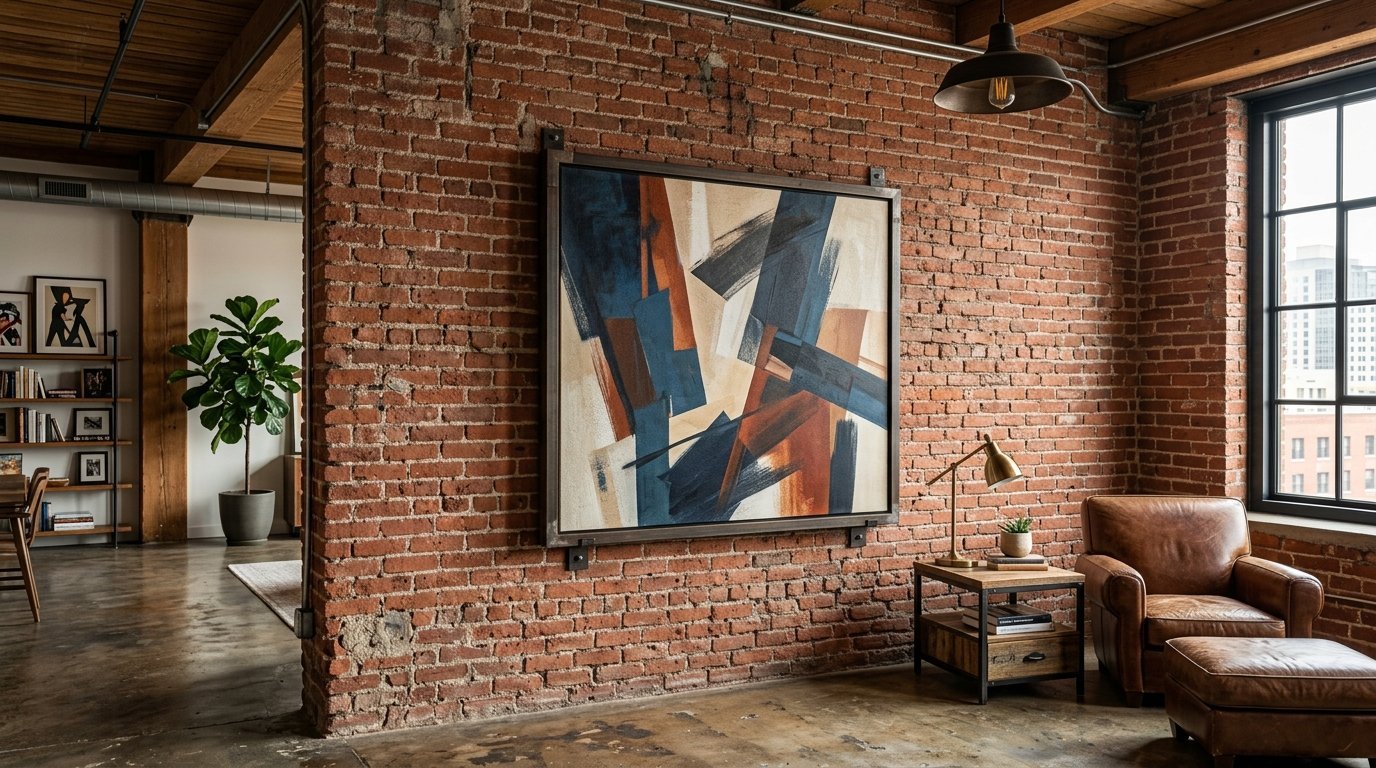 A modern abstract painting with blue and brown brushstrokes hanging in a brick industrial loft space.