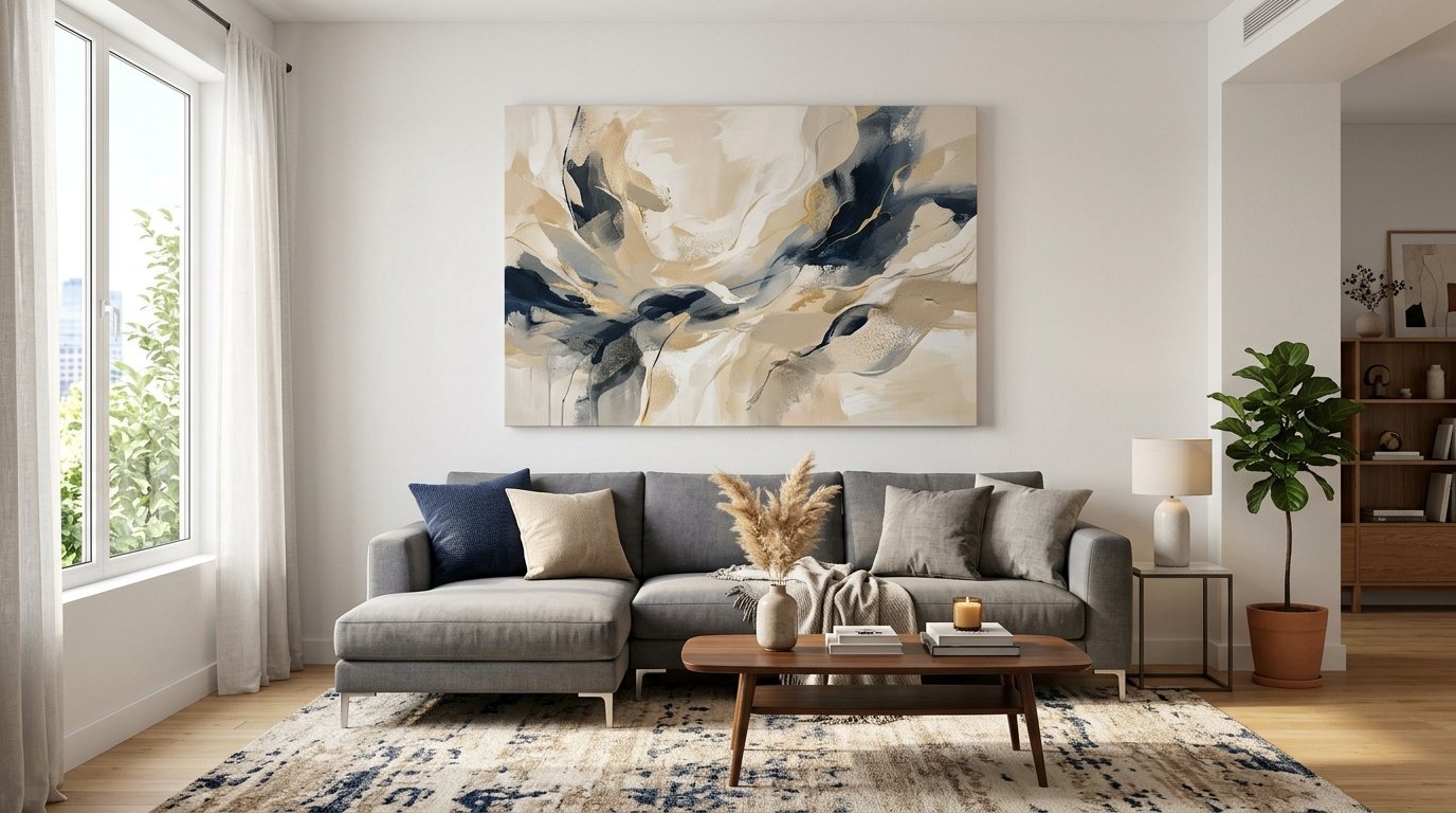Modern living room featuring a grey couch, wooden coffee table, and a large abstract canvas with blue and beige tones.