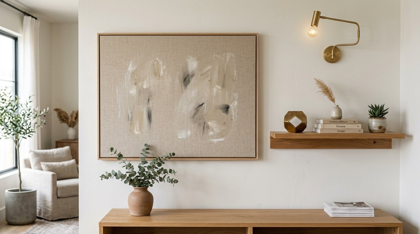 Modern interior wall with abstract painting, brass wall lamp, wooden floating shelf, and a ceramic vase with greenery.