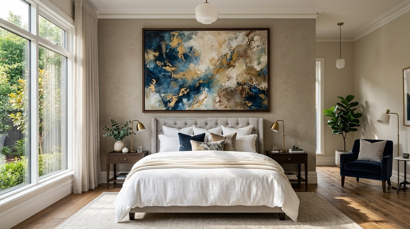 Elegant bedroom featuring a navy and gold abstract canvas above a neutrally decorated bed.