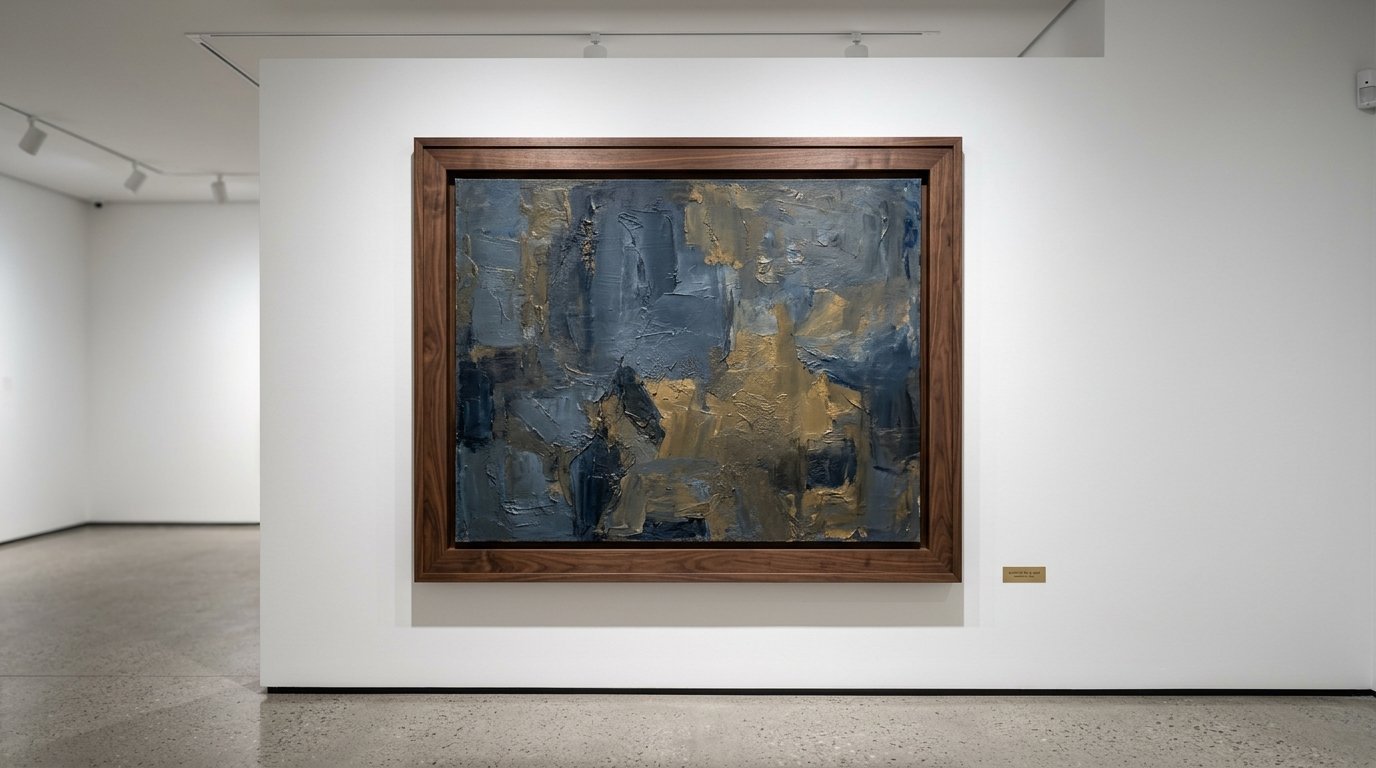A textured abstract painting with blue and gold tones displayed in a dark wood frame on a white gallery wall.