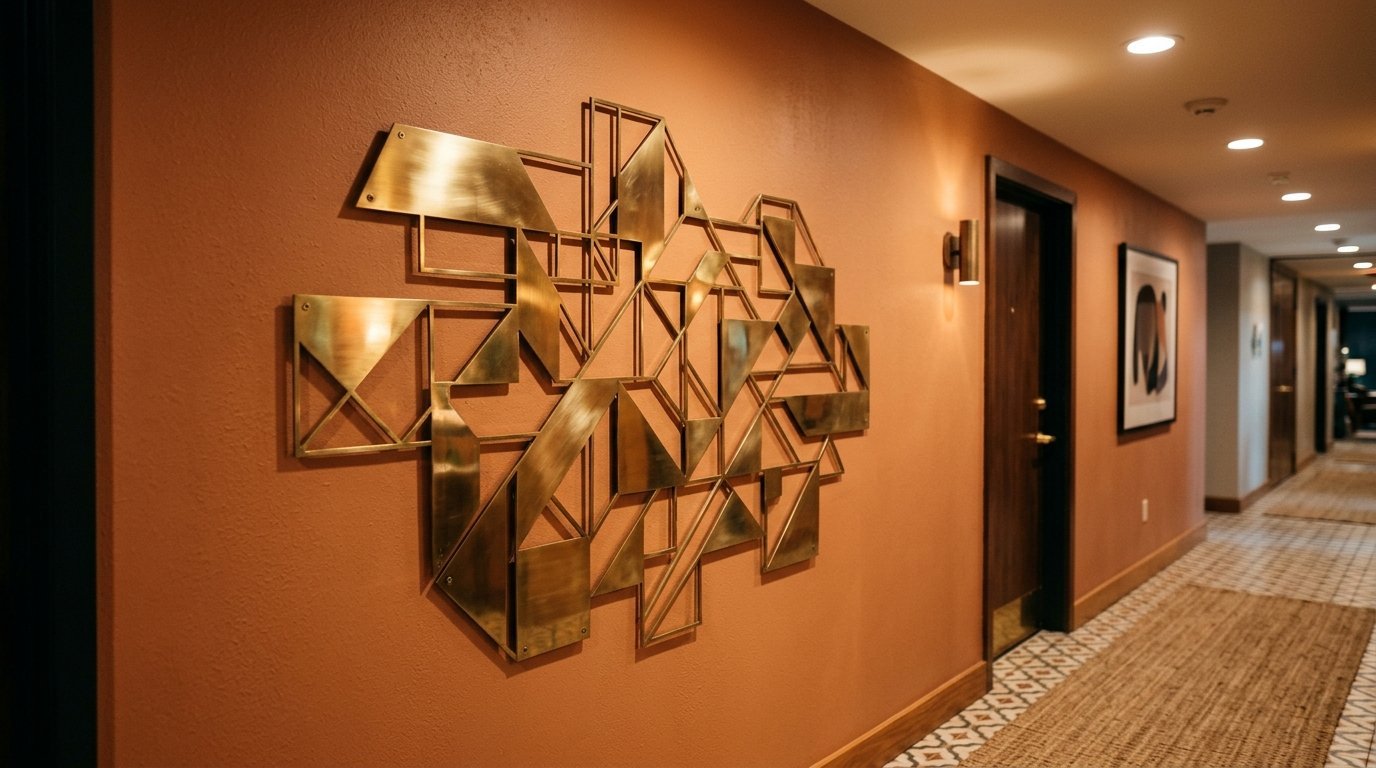 Decorative metal wall art with angular gold plates mounted on a terracotta painted corridor wall.
