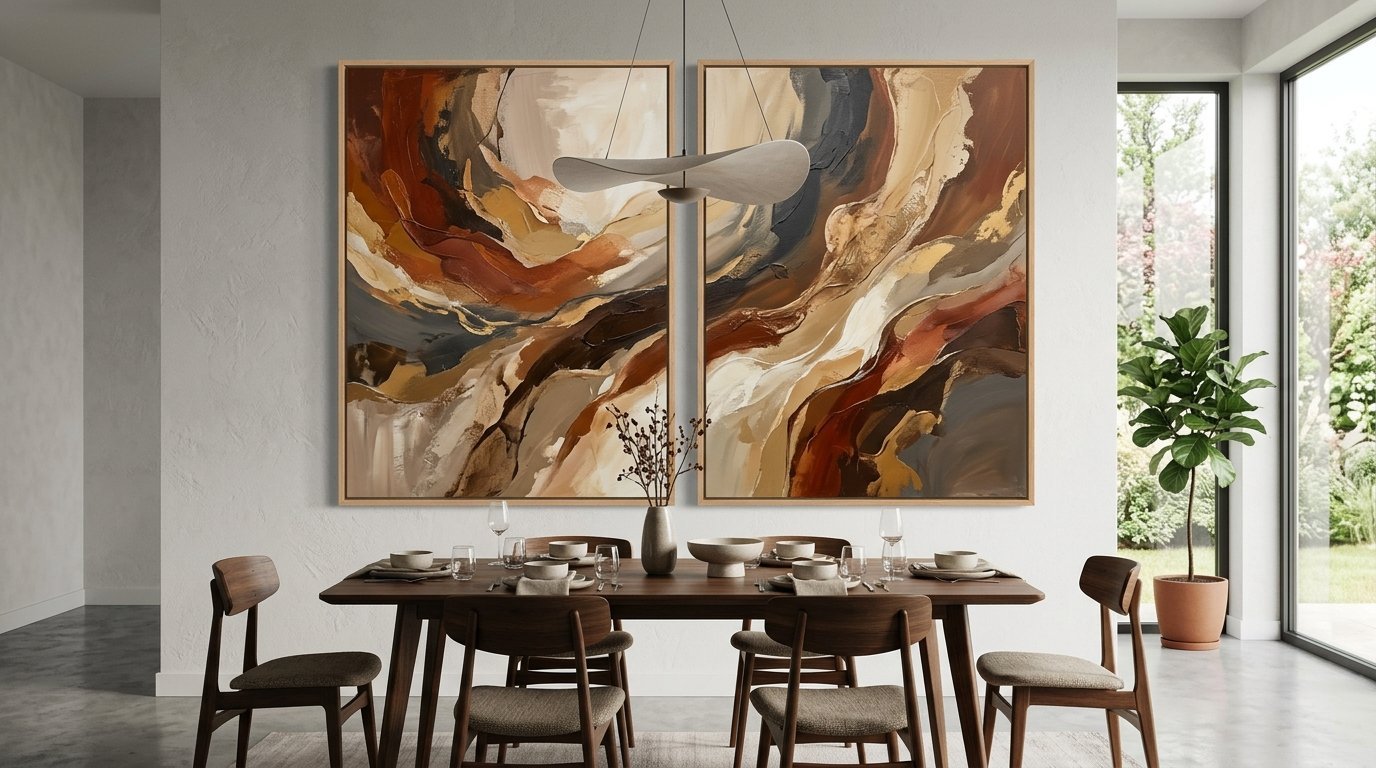 A dining table set for four sits beneath two large, matching abstract oil paintings in warm earth tones.