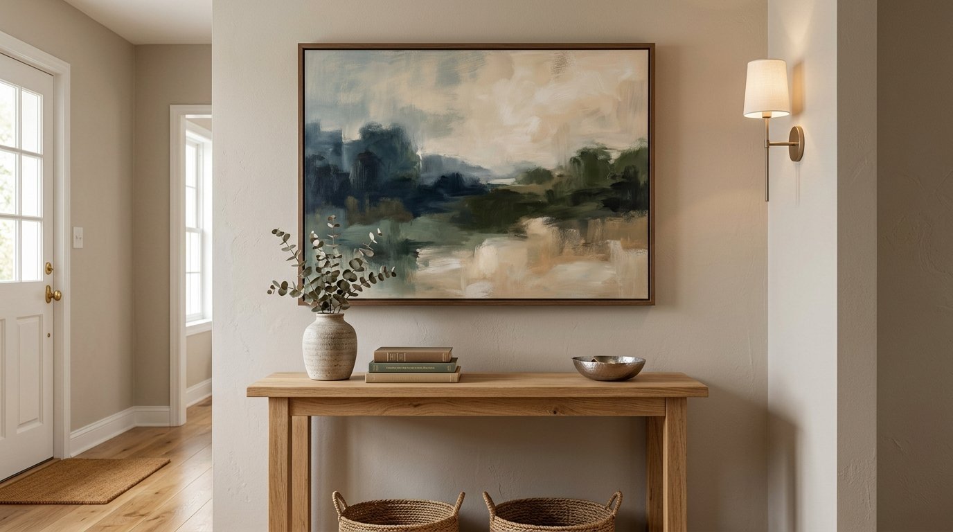 Neutral entryway featuring a landscape painting, eucalyptus in a vase, and stacked books on a wooden table.