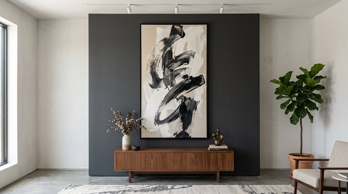 Large framed abstract painting with black ink strokes on a beige background, centered on a dark grey accent wall.