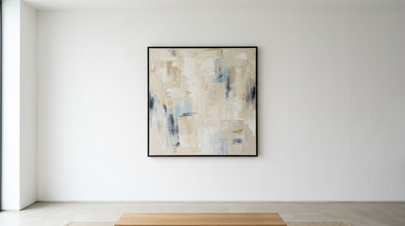 A framed abstract painting with blue, gold, and beige brushstrokes centered on a blank white interior wall.