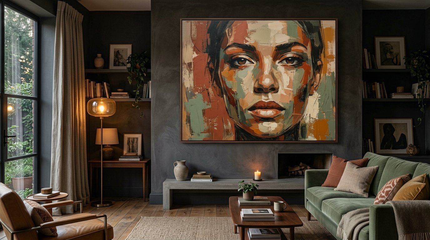 A colorful face portrait in a dark, moody living room with a green velvet sofa and leather armchair.
