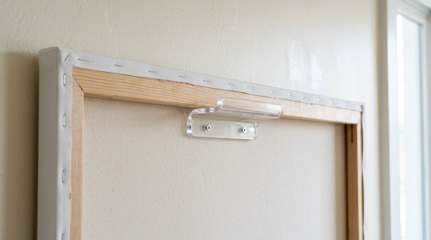 Close up of a transparent plastic hanging bracket screwed into the wooden stretcher bar of a canvas artwork.