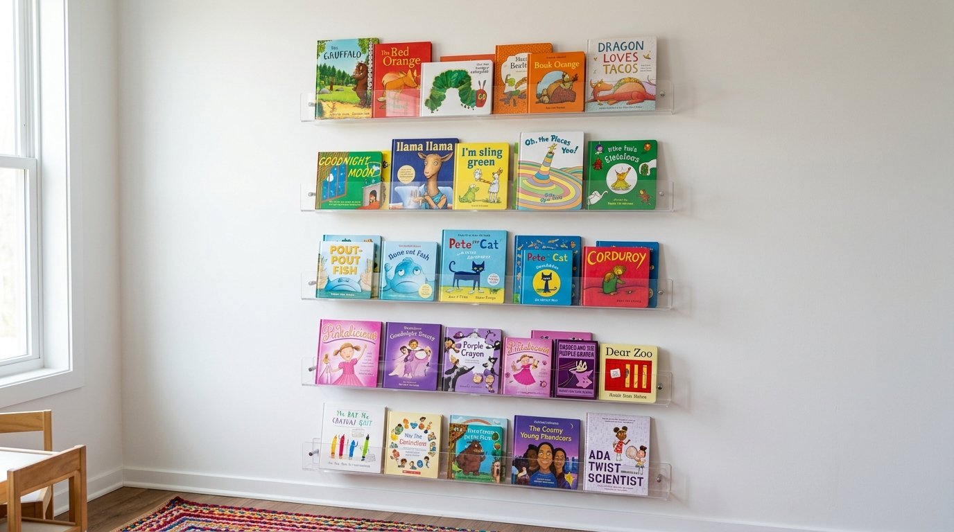 Children's books displayed on clear acrylic wall shelves against a white wall in a nursery or playroom.