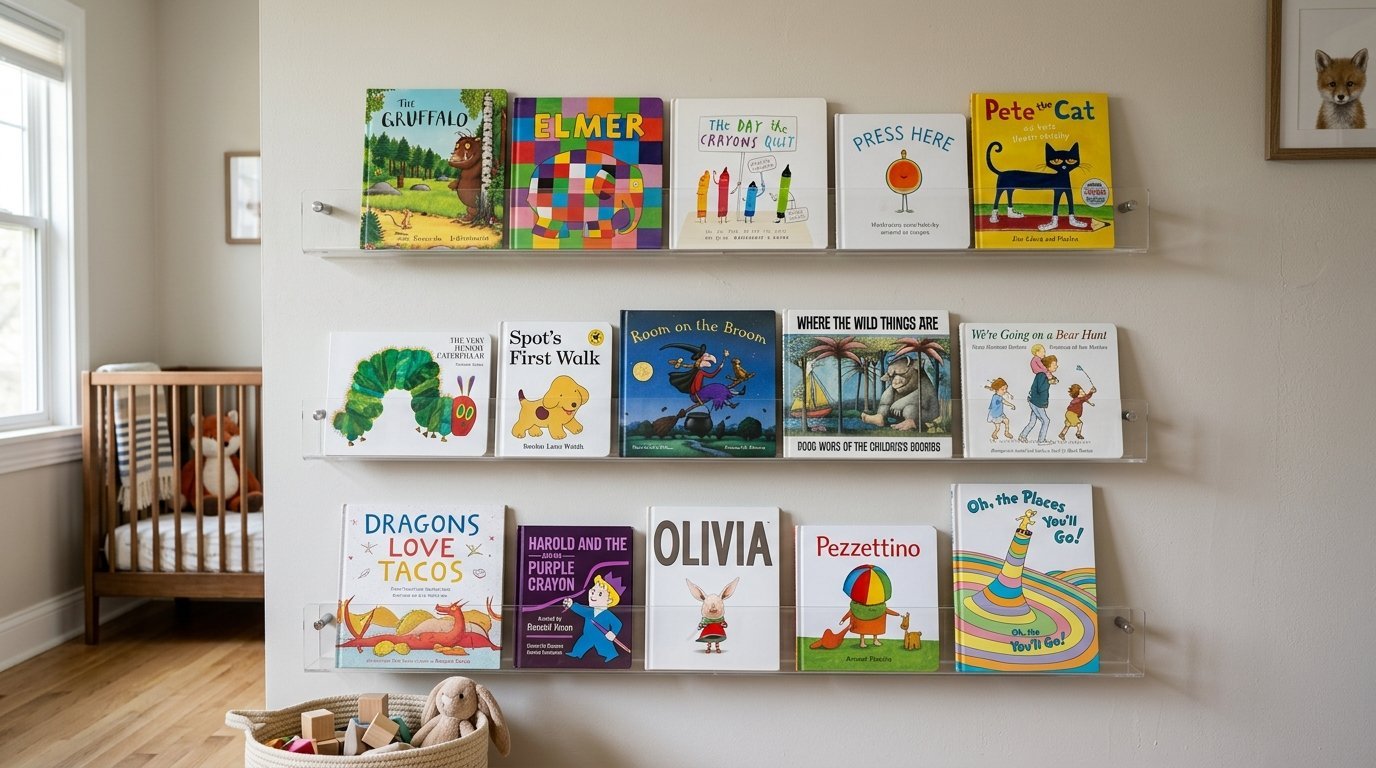 Three rows of children's books arranged face-out on transparent floating wall shelves in a nursery.
