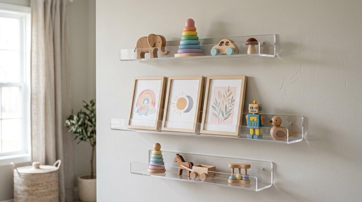 Three transparent floating shelves on a white wall holding wooden toys, pastel stacking rings, and framed prints.