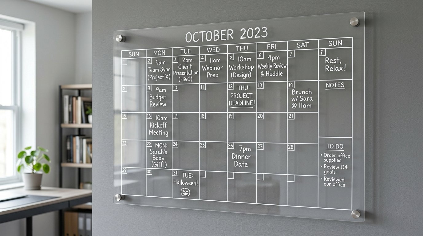 A transparent acrylic monthly wall calendar for October 2023 with handwritten schedules mounted on a grey wall.
