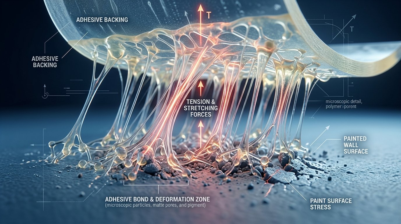Close-up render of adhesive strands under tension pulling away from textured paint particles on a wall.