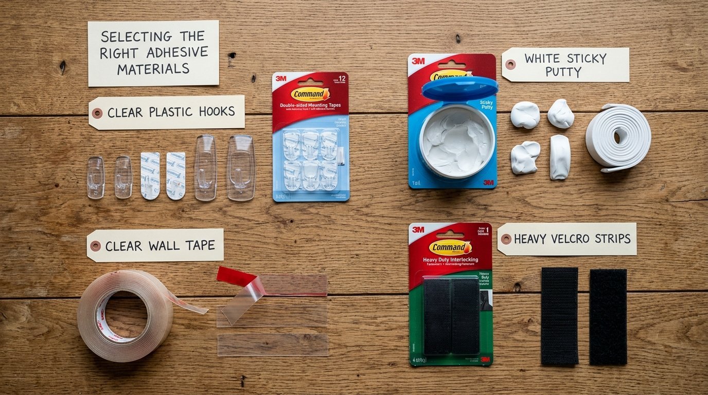 Top-down view of 3M Command adhesive hooks, mounting tape, putty, and Velcro strips organized on a wooden table.