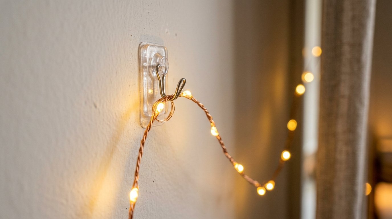A small plastic wall hook supports a strand of warm yellow LED fairy lights against a beige wall.