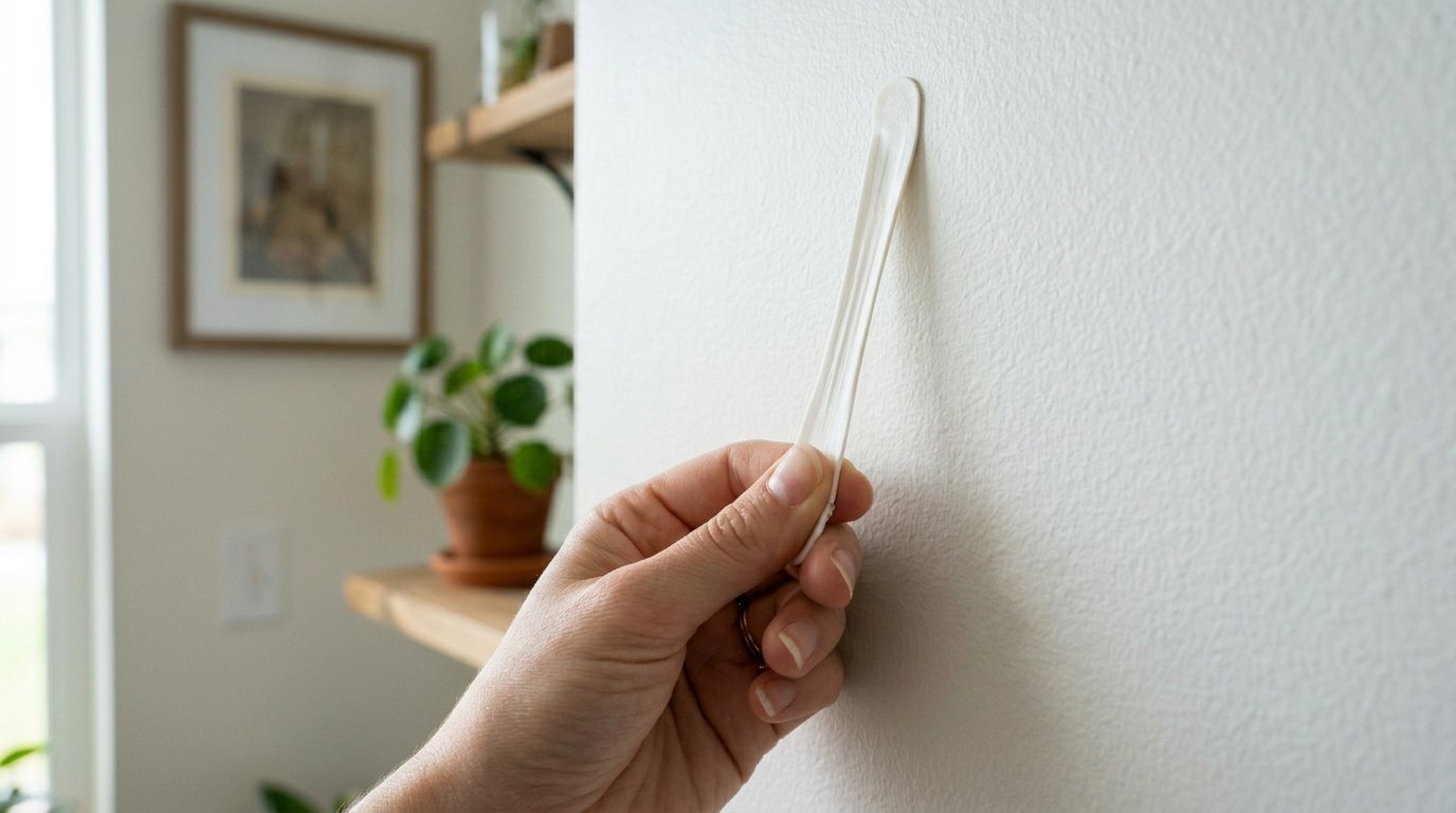 A person holding a white adhesive wall mount tab against a flat interior wall.