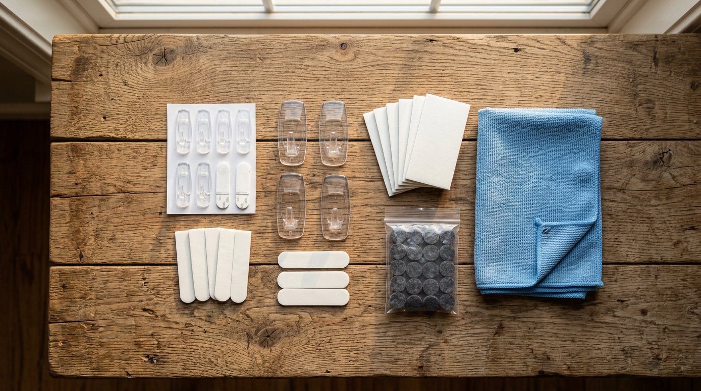 Collection of clear plastic hooks, white adhesive tape, felt floor protectors, and a blue cleaning cloth on wood.