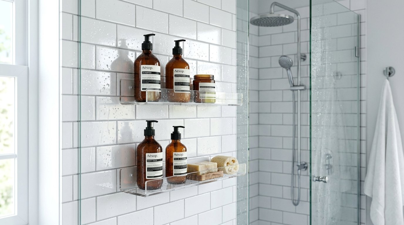 Clear acrylic shelves mounted on a white subway tile shower wall holding amber soap bottles and a loofah.