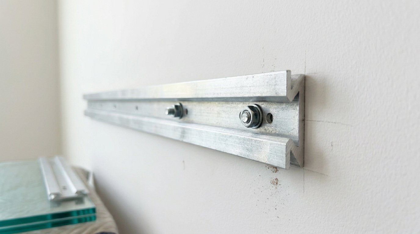 A close-up view of a metal interlocking wall cleat bolted horizontally into a white drywall surface.