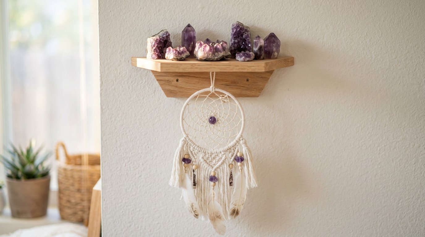 A small wooden shelf holds several raw purple amethyst crystals above a white macrame dreamcatcher.