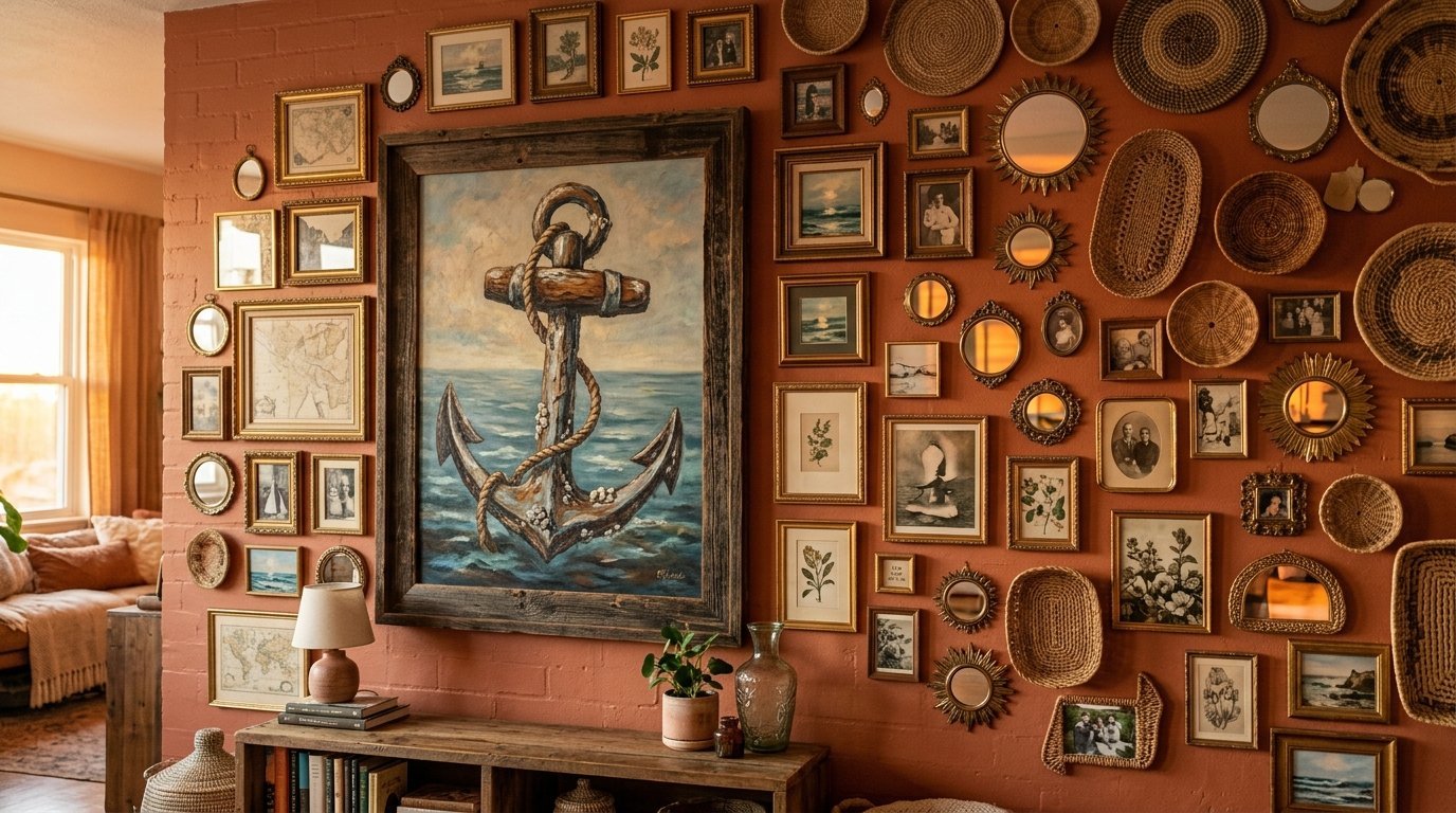 A gallery wall on a terracotta brick surface displays a large framed anchor painting surrounded by wicker plates and vintage photos.