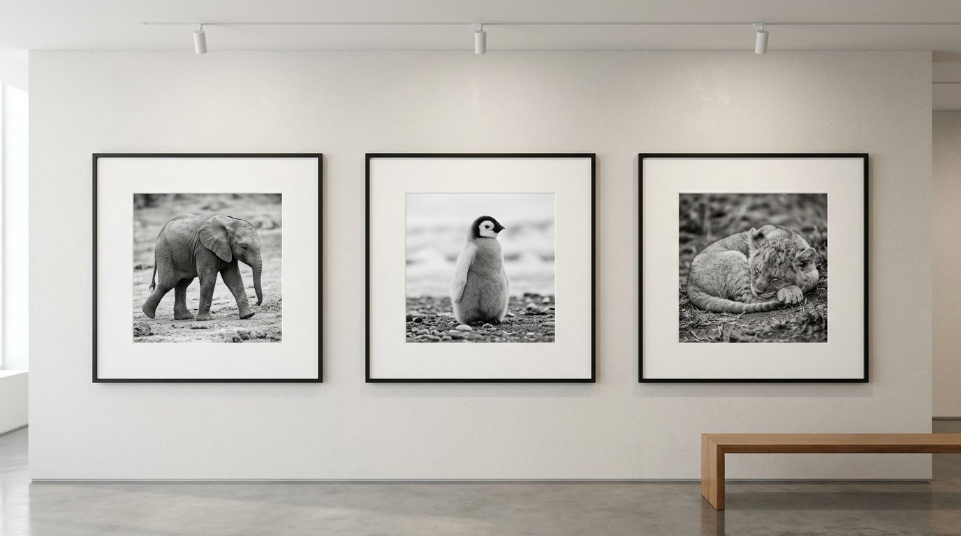 Gallery wall featuring three square-framed prints of an elephant calf, a penguin chick, and a sleeping lion cub.