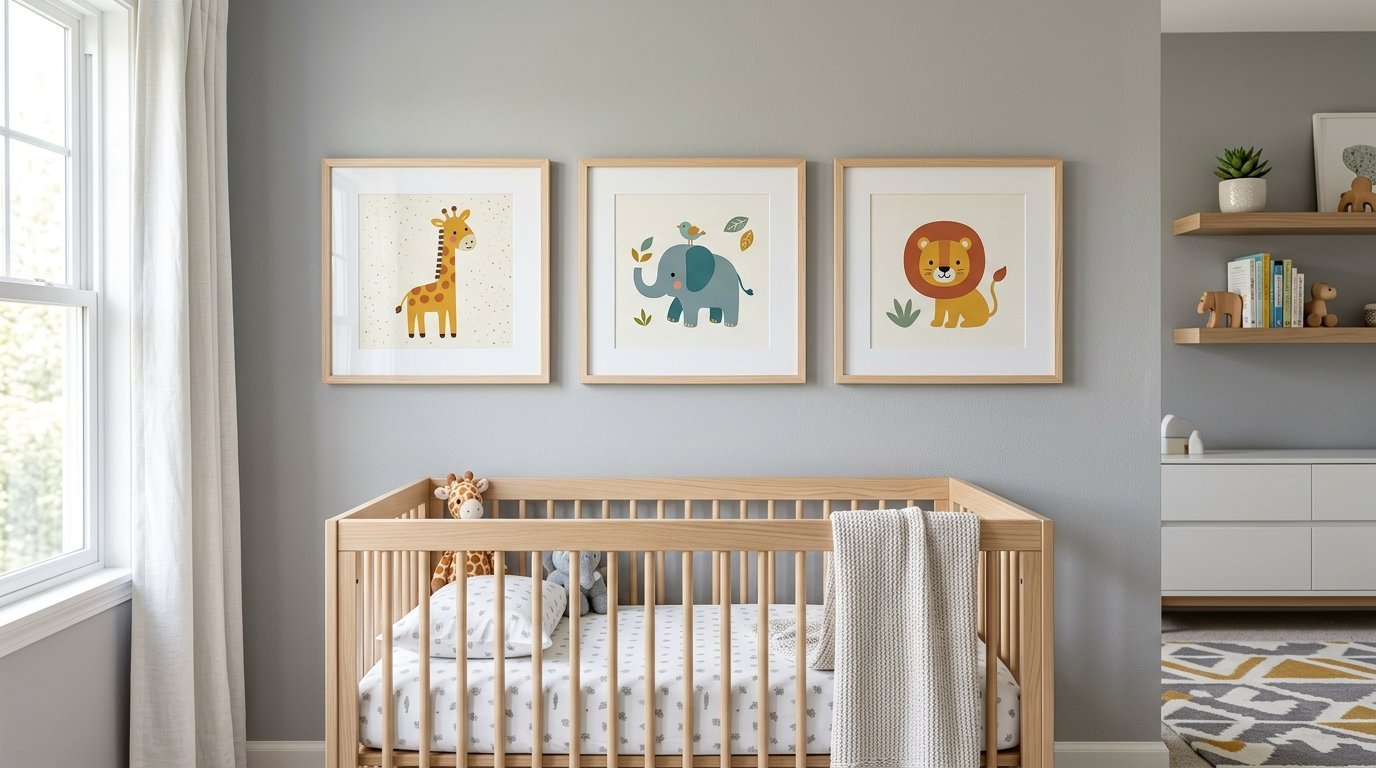 Neutral nursery decor featuring framed giraffe, elephant, and lion illustrations above a light wood baby bed.