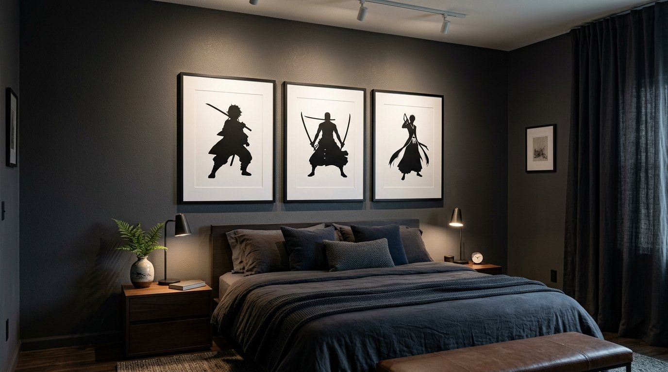 A bedroom with dark walls featuring three black and white samurai silhouette art prints over a king-sized bed.