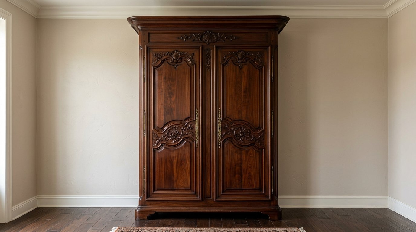A large, antique mahogany armoire featuring detailed floral carvings and gold metal hardware.