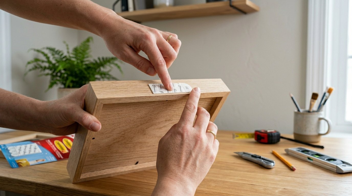 Close up of hands pressing an adhesive mounting strip onto the back of a light wood picture frame.