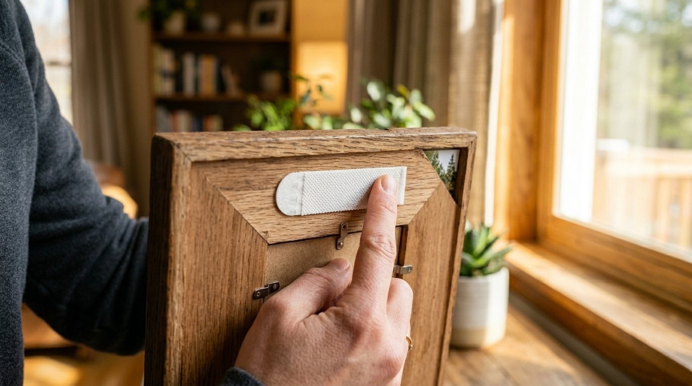 A person presses a white Velcro-style adhesive strip onto the wooden frame of a picture.