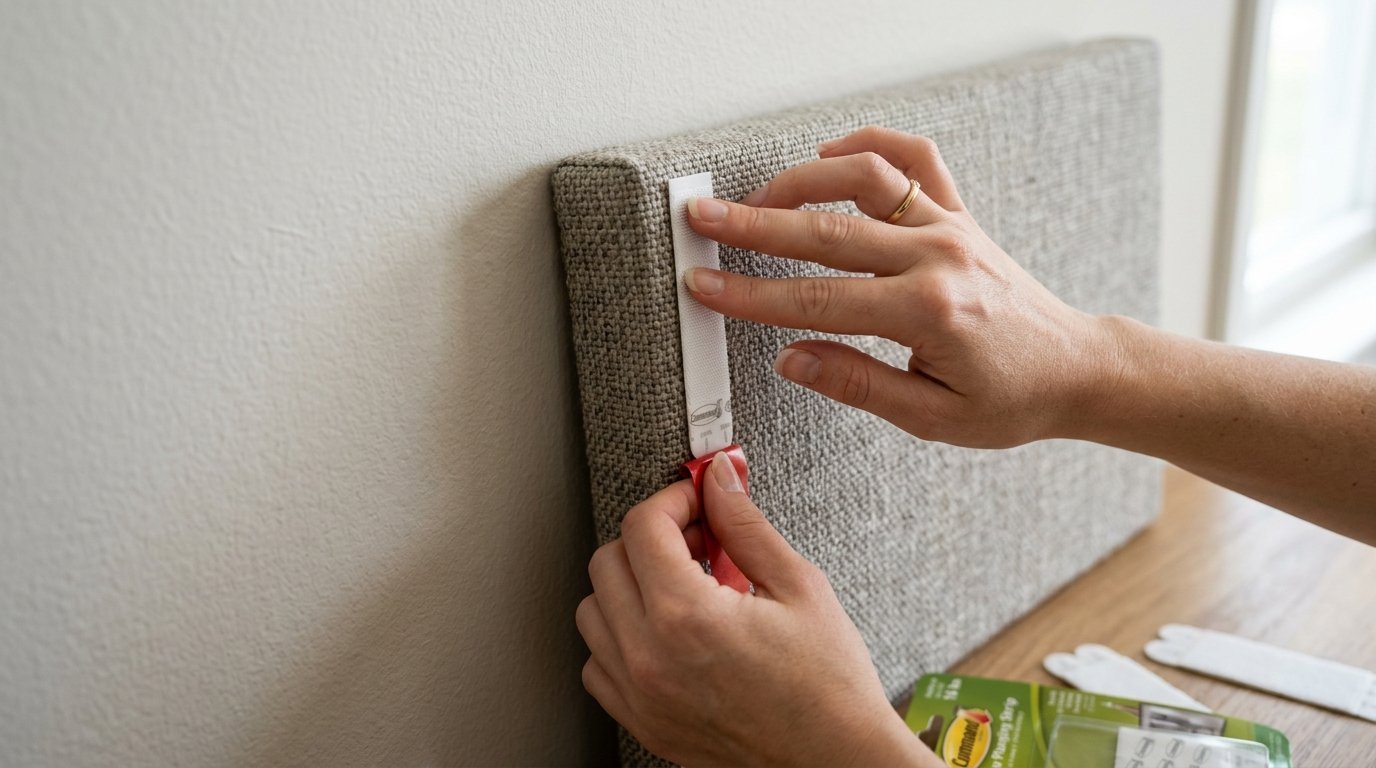 Close-up of hands attaching a double-sided adhesive strip to the back of a textured linen headboard.