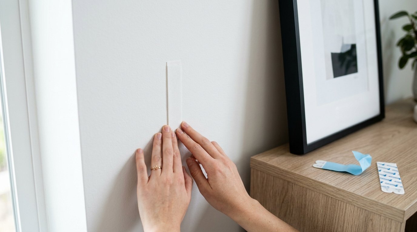 Close-up of hands applying an adhesive velcro strip to a white wall for hanging frames.
