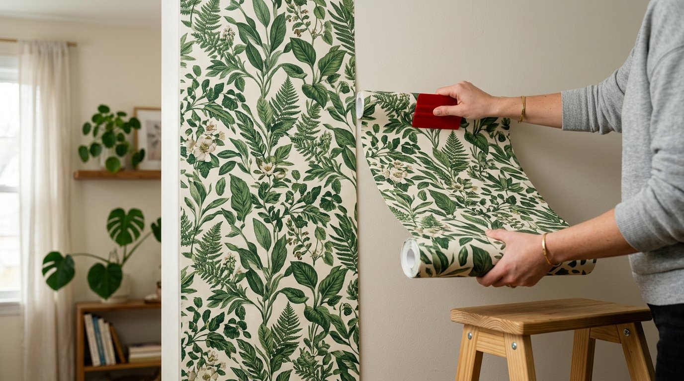 Close up of hands using a red plastic squeegee to smooth botanical wallpaper onto a home wall.