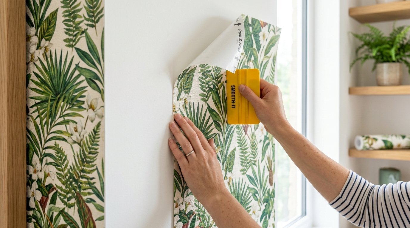 Close up of hands smoothing out floral tropical wallpaper onto a wall with a plastic tool.