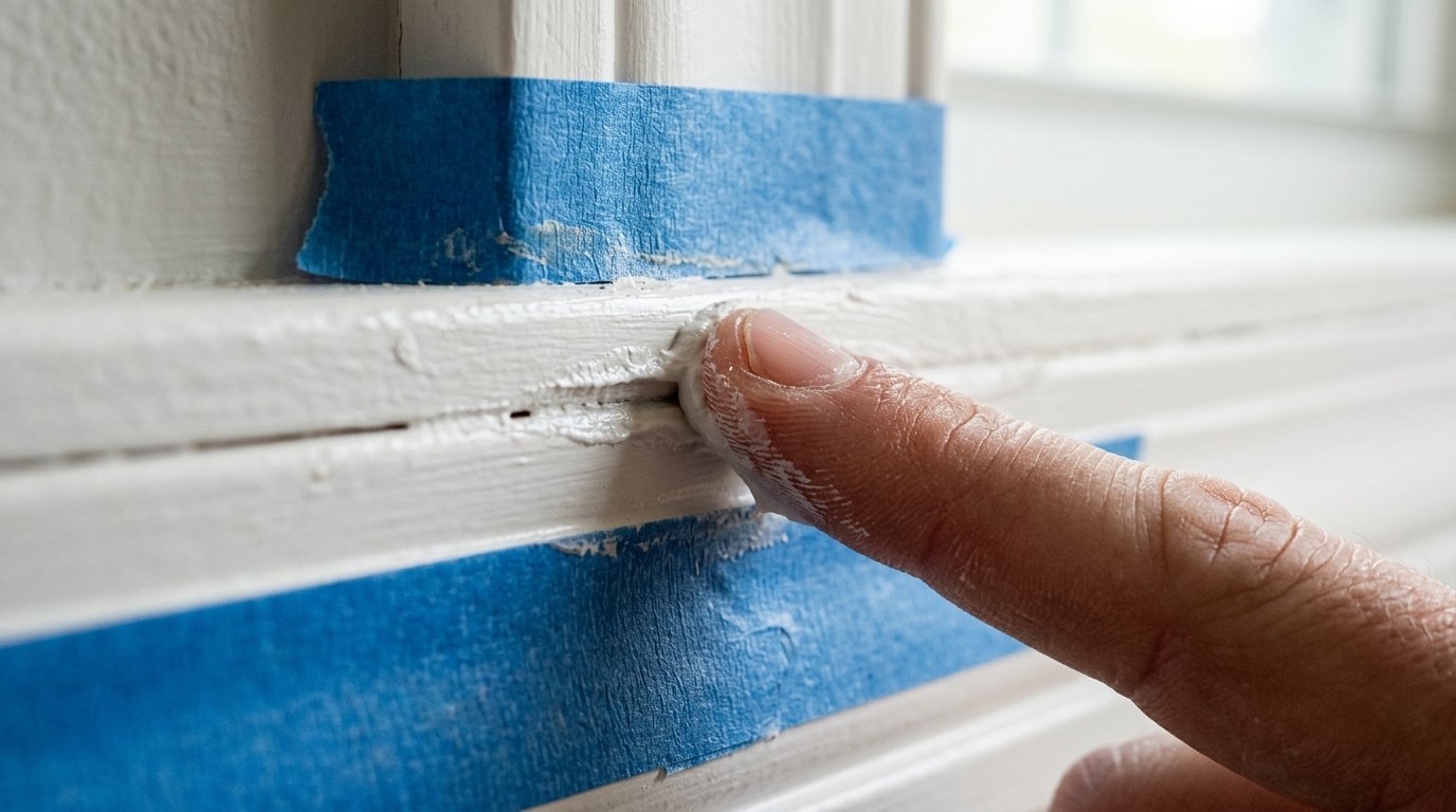 Close-up view of a hand using a finger to smooth fresh white sealant along a window frame edge with blue painter's tape.