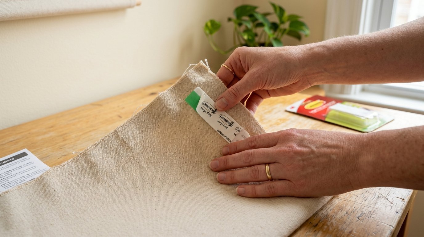 Close up of hands pressing an adhesive Command strip onto the back edge of a piece of natural canvas fabric.