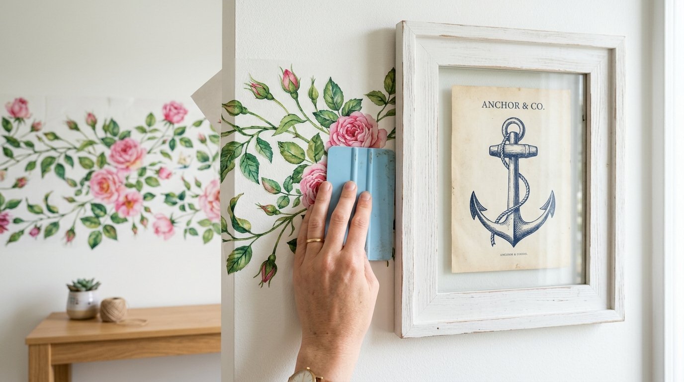 Hand using a blue plastic tool to press a floral wall sticker onto a white wall near a framed anchor print.