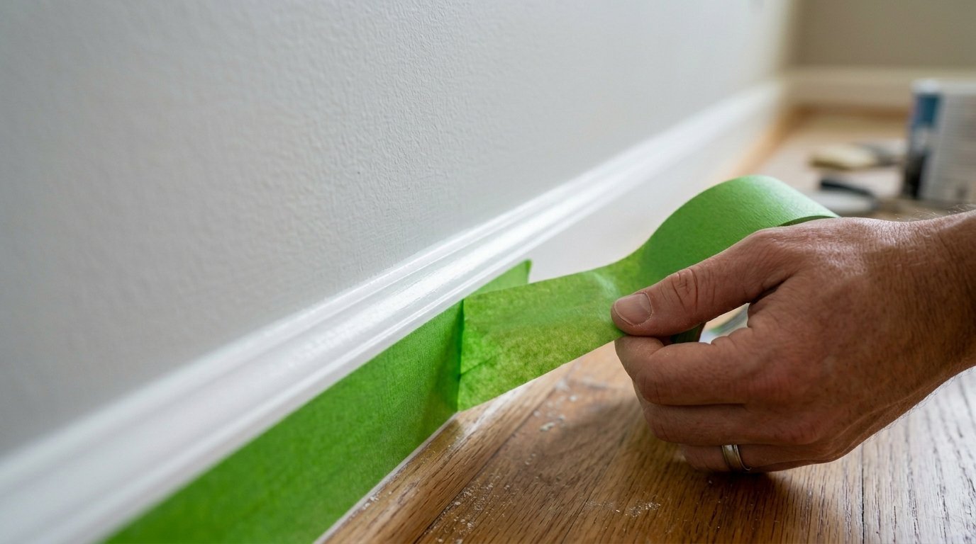 Close-up of a person's hand applying green painter's tape to the edge of a floor baseboard for wall painting preparation.